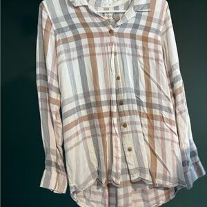 Altar'd State Plaid Button Down Shirt - White, Tan, Gray